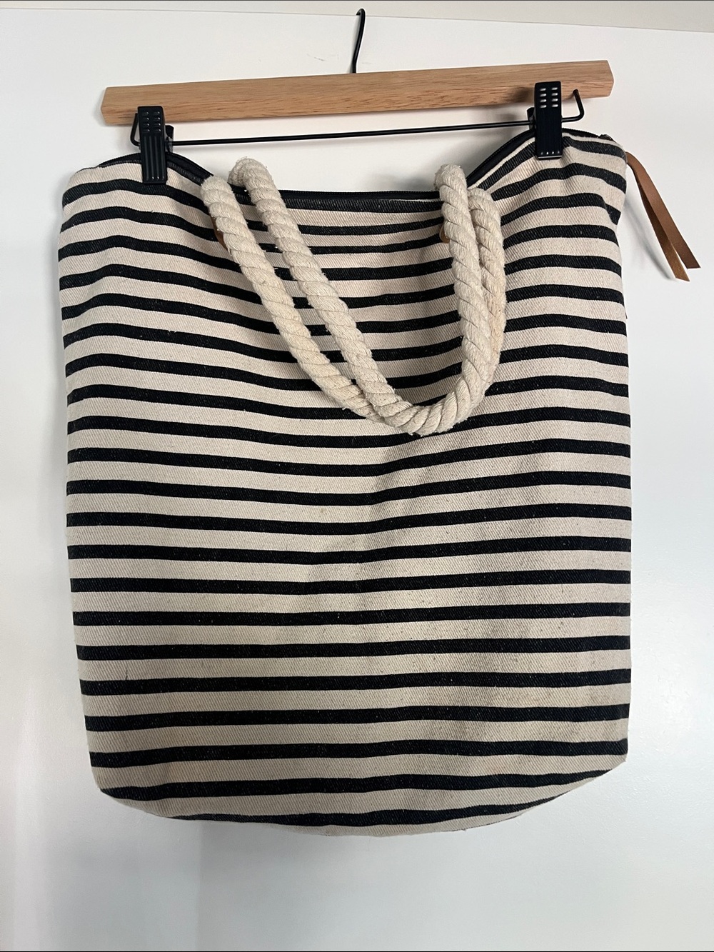 summer & rose Black and Cream Striped Rope-Handle Tote